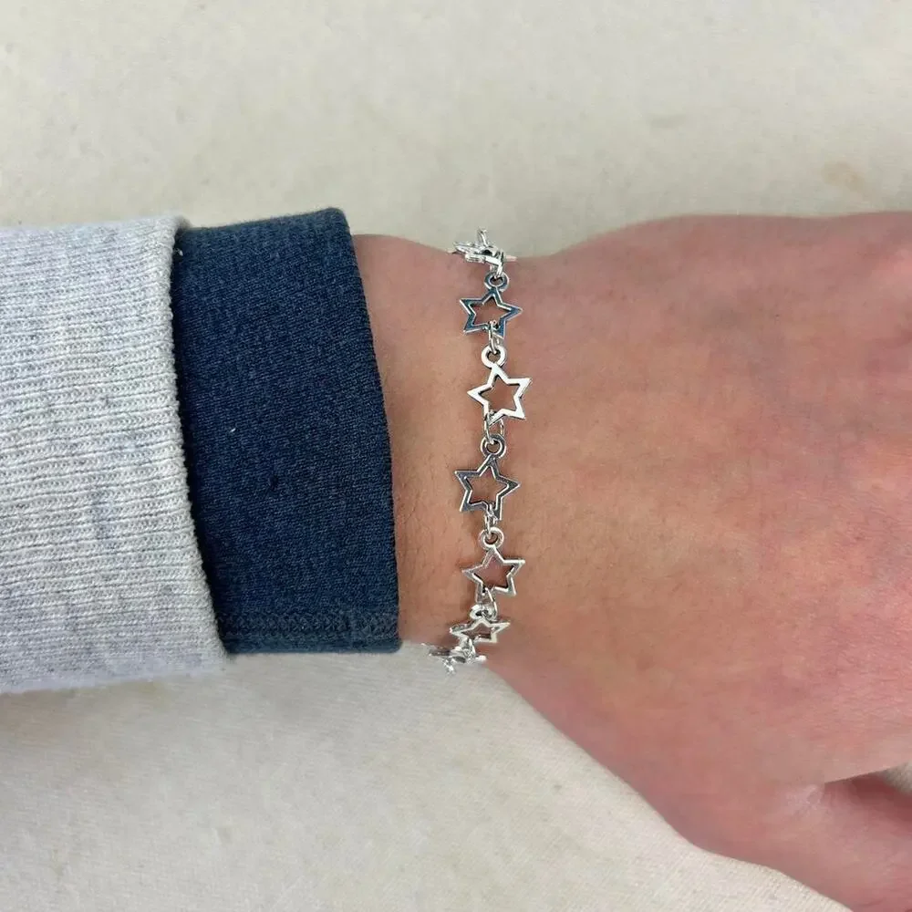 Vintage style stainless steel silver star chain bracelet cyber grunge punk